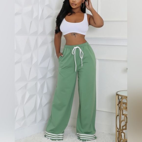 Pants - 041. Chic Olive and White Wide-Leg